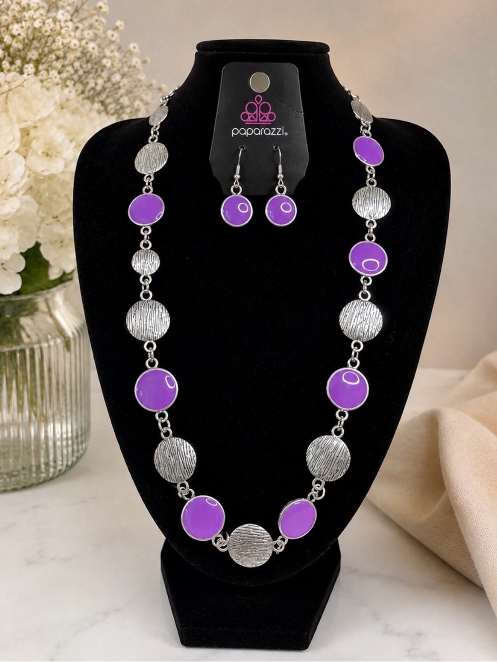 paparazzi Silver & Purple Enamel Linked Necklace with Matching Earrings